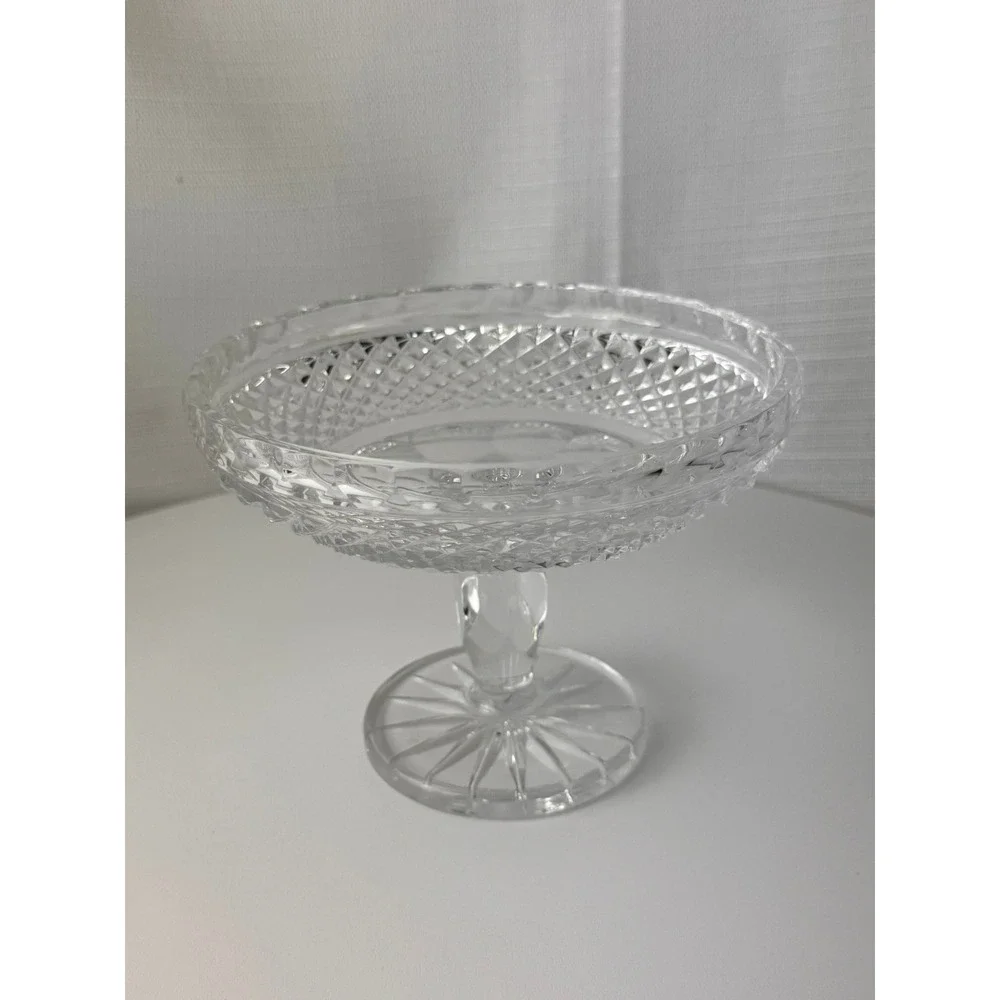 Vintage Clear Pressed Glass Pedestal Compote Diamond Point Starburst 6.5